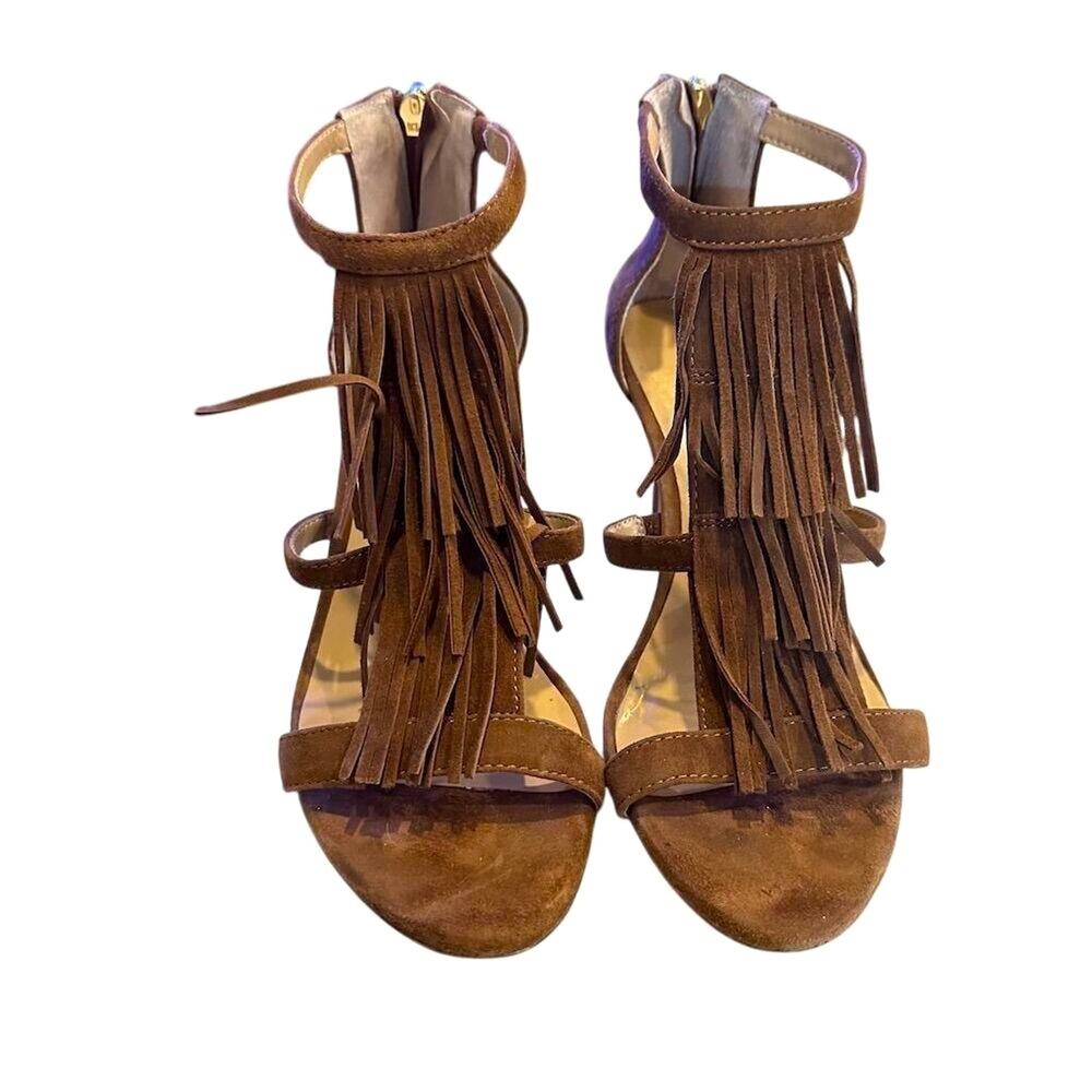 Anne Taylor Women's Brown Suede Fringe T-Strap Open Toe Pumps 6.5 - Picture 2 of 9
